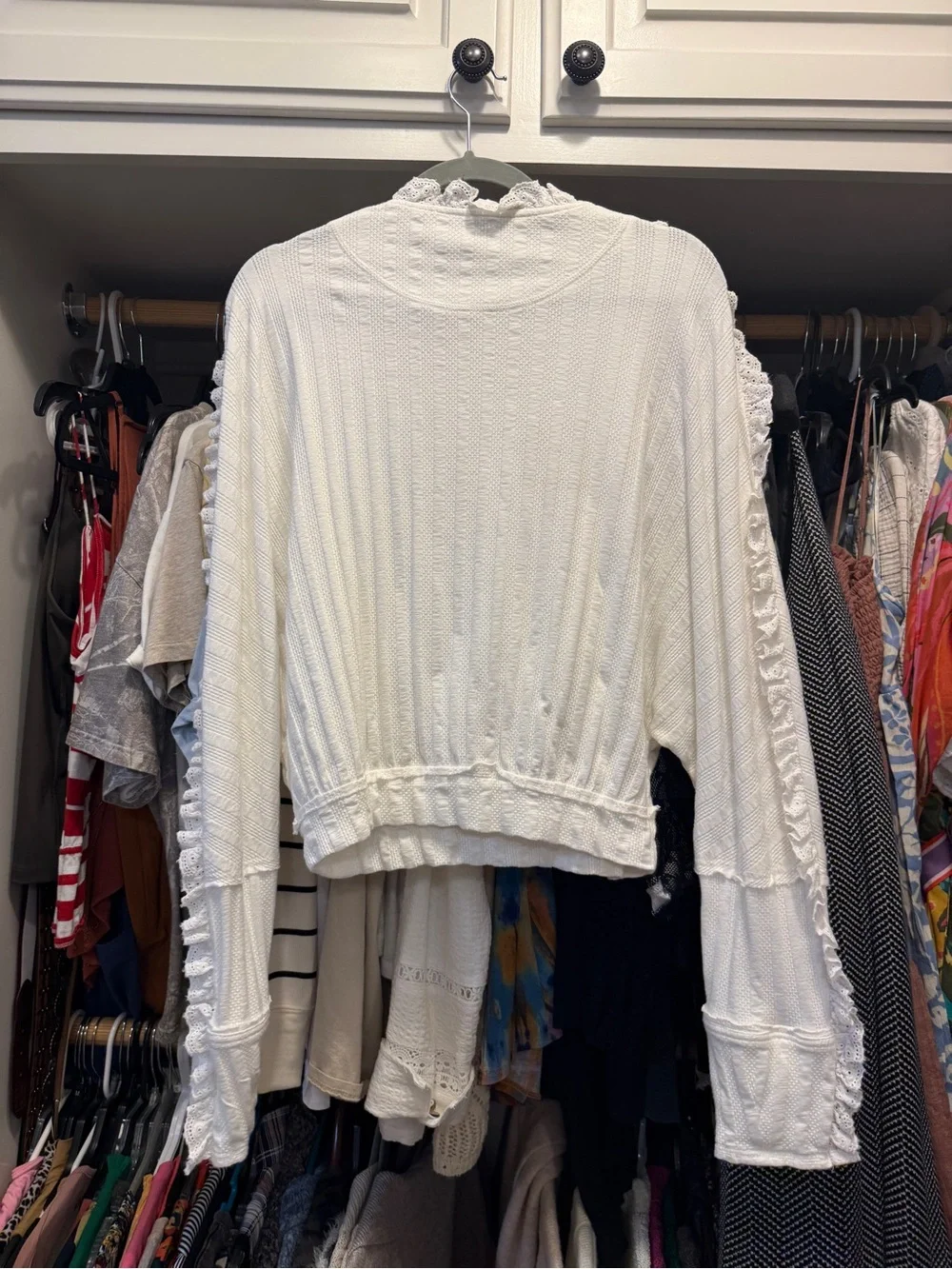 Free People White Ruffle-Trim Textured Top
